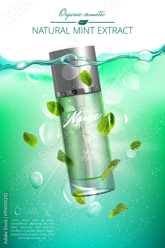 Advertising poster for cosmetic product for catalog, magazine. Design of cosmetic package. Water background with bubbles. Toner, cream, gel, body lotion with mint leaves extract .