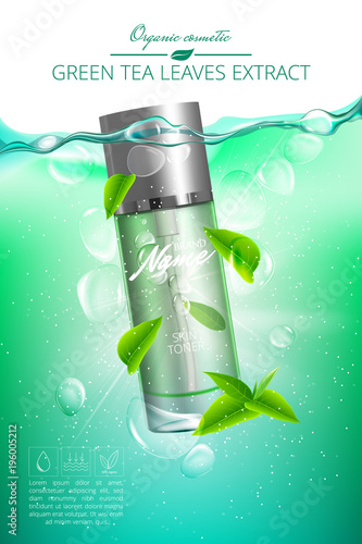 Advertising poster for cosmetic product for catalog, magazine. Design of cosmetic package. Water background with bubbles. Toner, cream, gel, body lotion with green tea extract .