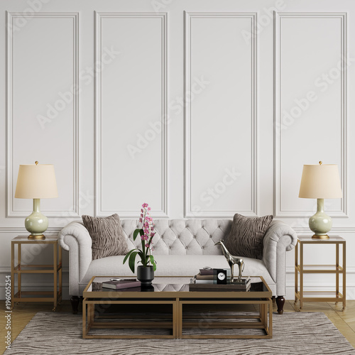 Carta da parati 3D per Soggiorno - Carta da parati Classic interior in pastel colors. Sofa,chairs,sidetables with lamps,table with decor.White walls with mouldings. Floor parquet herringbone,rug with pattern.Mockup,copy space.3d rendering