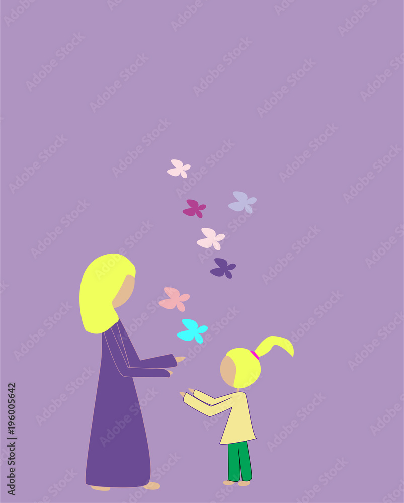 Frau und Kind betrachten fliegende Schmetterlinge Stock Vector