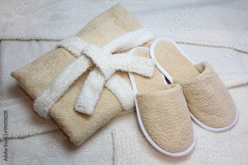 Bath slippers and bathrobe