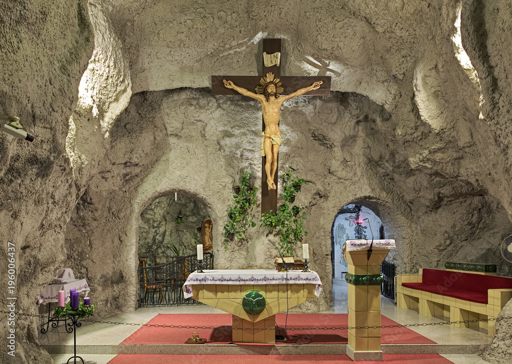 Main altar of Cave Church in Gellert Hill Cave in Budapest, Hungary