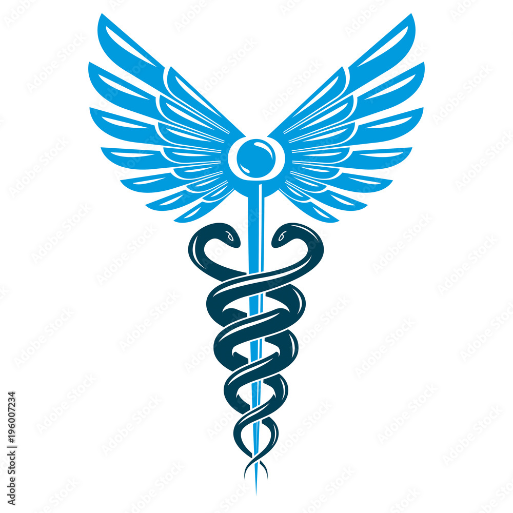 Caduceus symbol made using bird wings and poisonous snakes, healthcare conceptual vector illustration. Caduceus symbol made using bird wings and poisonous snakes, healthcare conceptual vector illustration.