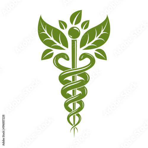 Caduceus symbol, healthcare conceptual vector illustration. Homeopathy creative emblem.