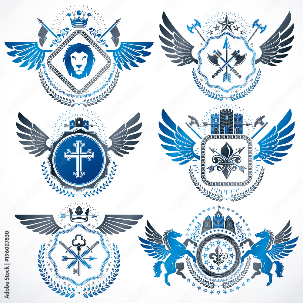 Vector classy heraldic Coat of Arms. Collection of blazons stylized in vintage design and created with graphic elements, royal crowns and flags, stars, towers, armory, religious crosses. Vector classy heraldic Coat of Arms. Collection of blazons stylized in vintage design and created with graphic elements, royal crowns and flags, stars, towers, armory, religious crosses.