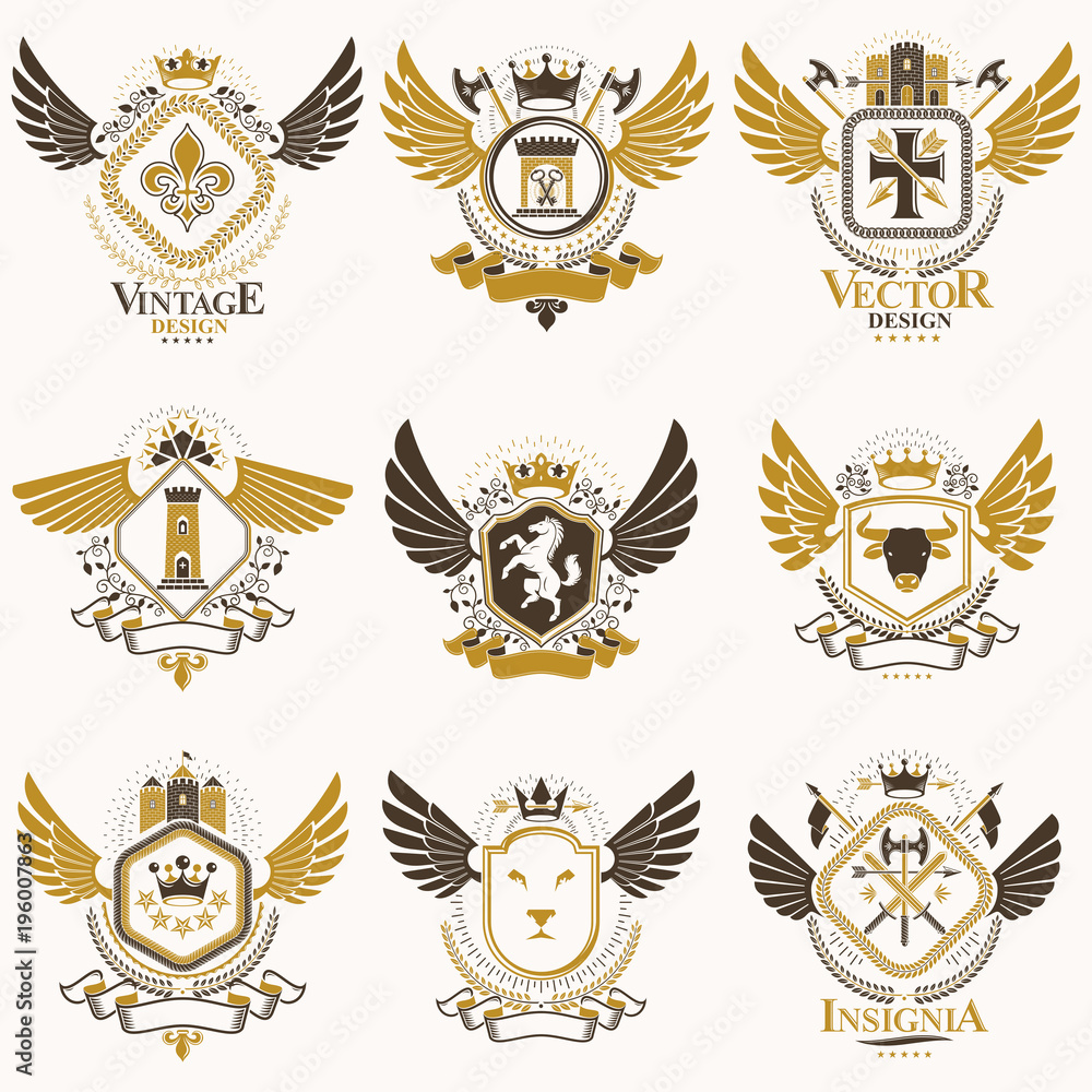 Collection of vector heraldic decorative coat of arms isolated on white and created using vintage design elements, monarch crowns, pentagonal stars, armory, wild animals. Collection of vector heraldic decorative coat of arms isolated on white and created using vintage design elements, monarch crowns, pentagonal stars, armory, wild animals.