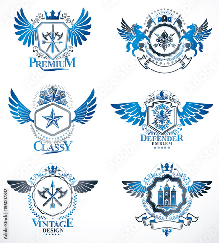 Vintage heraldry design templates  vector emblems created with bird wings  crowns  stars  armory and animal illustrations. Collection of vintage style symbols.