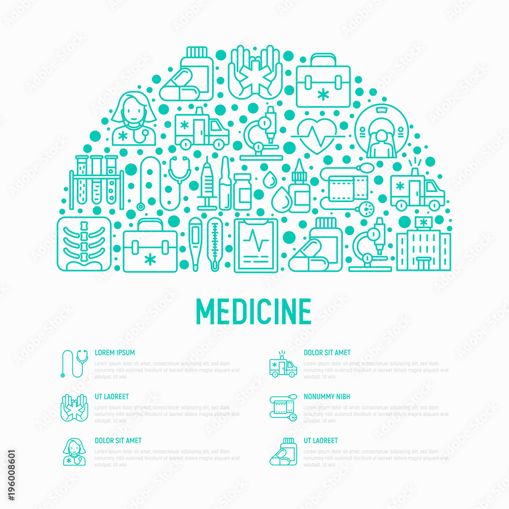Medicine concept in half circle with thin line icons: doctor, ambulance, stethoscope, microscope, thermometer, hospital, z-ray image, MRI scanner. Modern vector illustration for medical survey.
