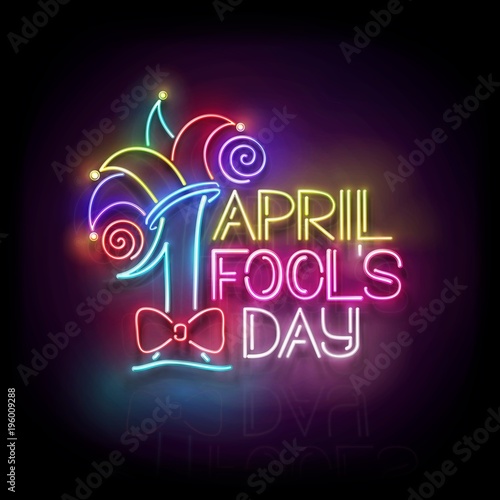 Greeting Card Template for April Fool's Day. Vintage Glow Signboard with Letters and Jester Hat. Neon Light Poster, Flyer, Banner. Glossy Black Background. Vector 3d Illustration. Used Clipping Mask