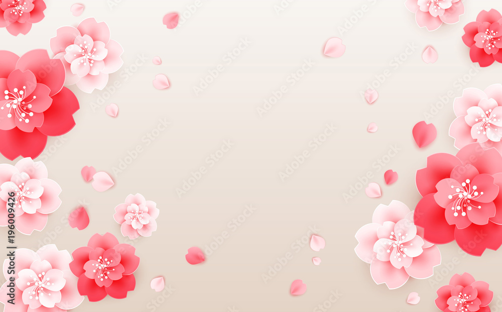 Beautiful abstract flower background with flying cherry flowers and petals - beige vector background