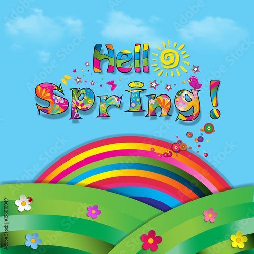 Hello spring vector cartoon paper illustration with rainbow