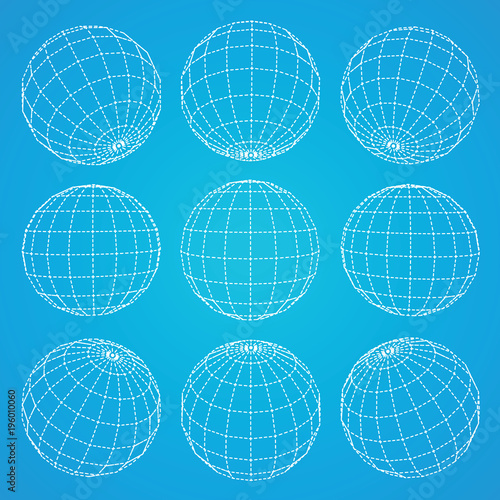Set of 3d spheres globe earth grid from different sides. Horizontal and vertical lines  latitude and longitude. Neural information concept. Vector globe