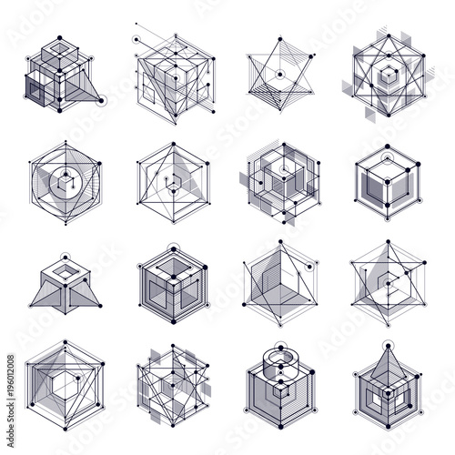 Lines and shapes abstract vector isometric 3D black and white backgrounds set. Abstract scheme of engine or engineering mechanism. Layout of cubes, hexagons, squares, rectangles and different elements