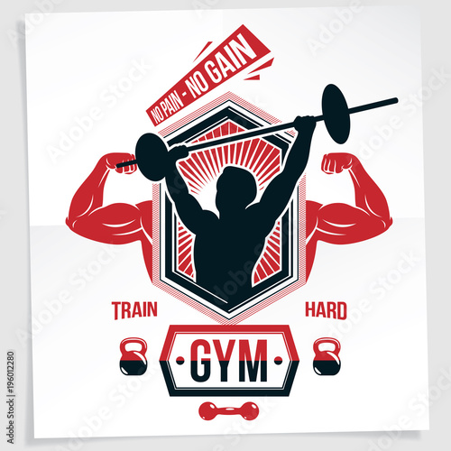 Power lifting competition poster created with vector illustration of muscular bodybuilder holding barbell sport equipment. No pain, no gain quote.