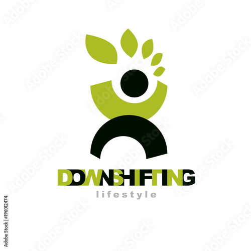 Vector illustration of happy abstract individual with raised hands up. Downshifting concept logo. Wellness and harmony symbol. Wanderlust and countryside vacation icon.