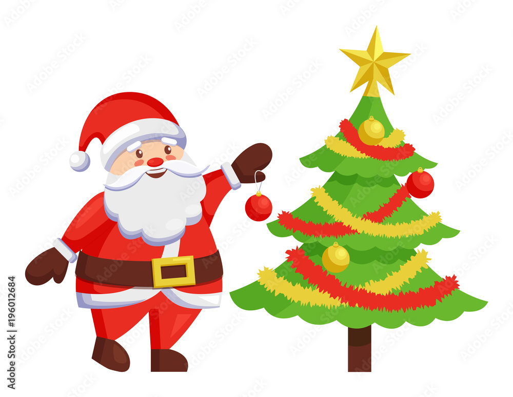 Santa Claus Decorate New Year Tree by Hanging Ball Santa Claus Decorate New Year Tree by Hanging Ball