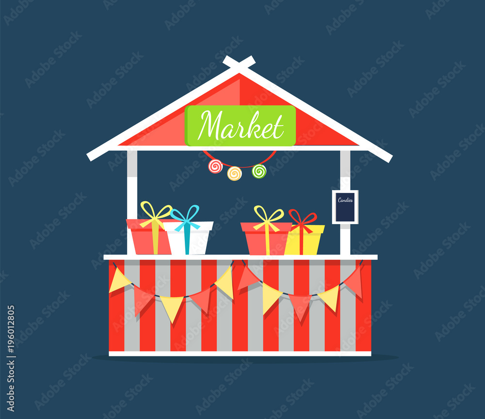 Market Counter with Candies in Boxes Vector Shop Market Counter with Candies in Boxes Vector Shop