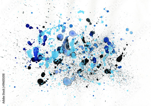 Blue water spots and drops. Watercolor splatter background.