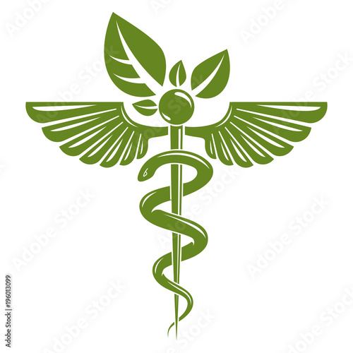 Caduceus symbol composed with poisonous snakes and bird wings, healthcare conceptual vector illustration. Alternative medicine theme.