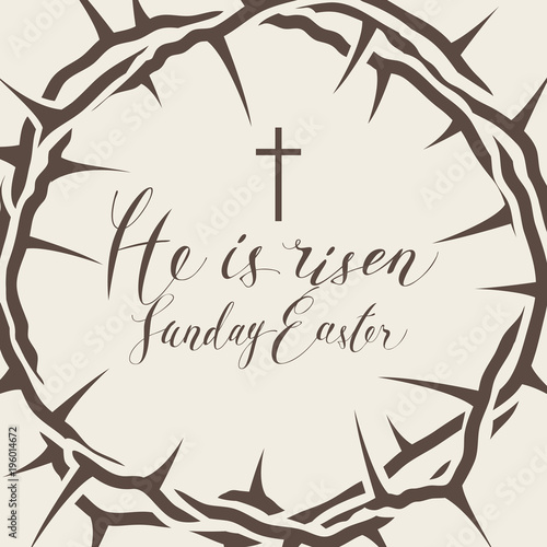 Vector Easter banner with handwritten inscriptions He is risen, Sunday Easter, with crown of thorns and cross