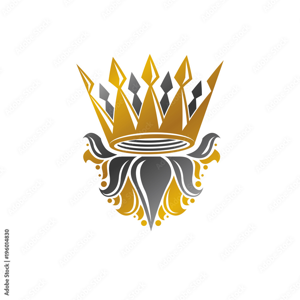 Ancient Crown vector illustration. Heraldic design element. Retro style logo. Ornate logotype isolated on white background. Ancient Crown vector illustration. Heraldic design element. Retro style logo. Ornate logotype isolated on white background.
