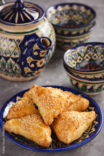 Wallpaper Mural Puff pastries with chicken meat, samosa, oriental uzbek cuisine. Torontodigital.ca