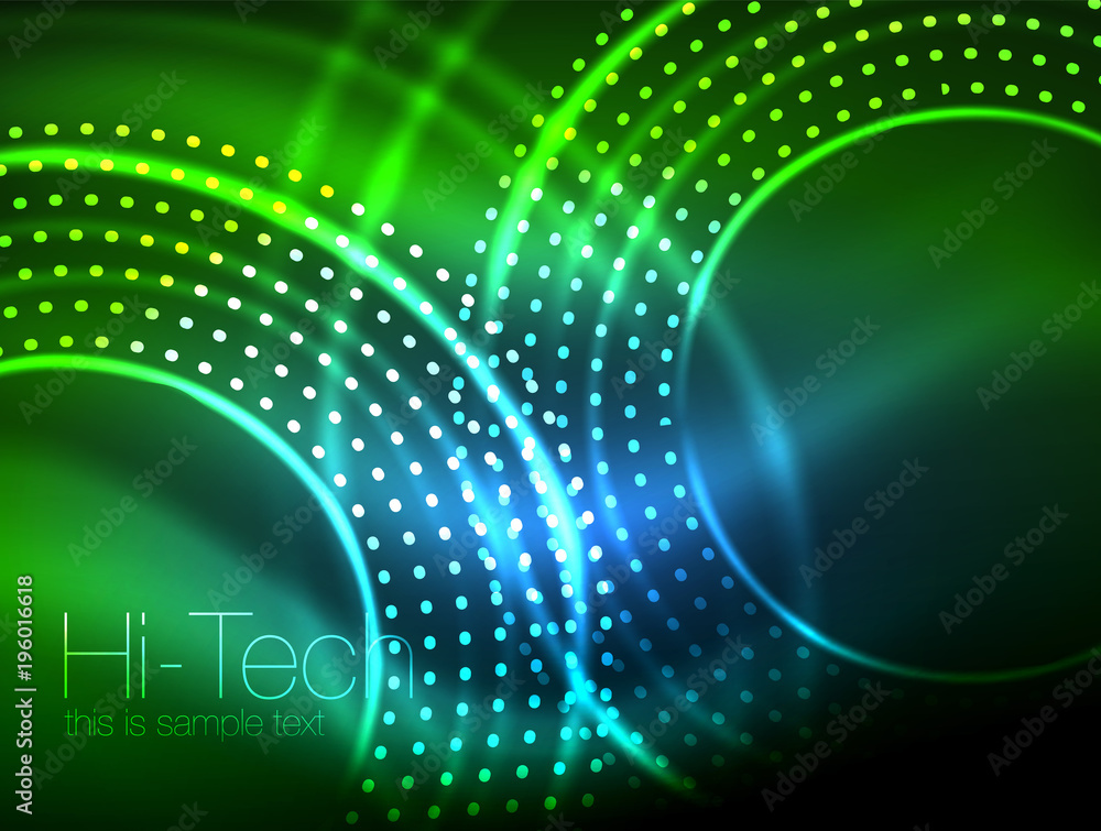 Magic neon circle shape abstract background, shiny light effect template for web banner, business or technology presentation background or elements, vector illustration