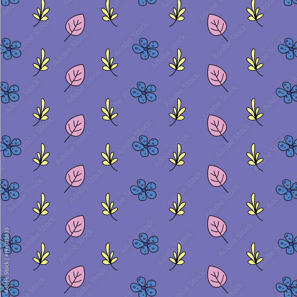 Beautiful floral pattern pink and yellow leaves, blue flowers on a purple background. Lovely pastel texture, option for textiles, fabrics.