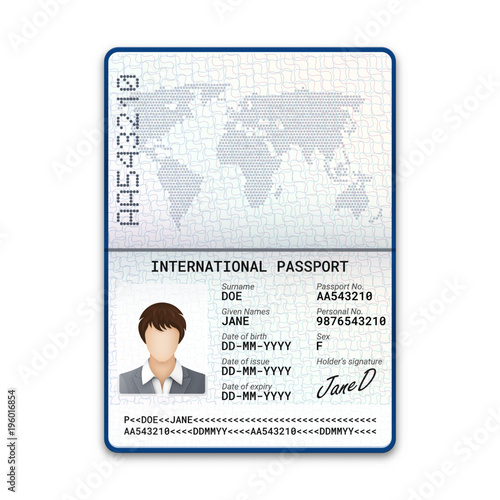 International female passport template with sample of photo, signature and other personal data. Vector illustration photo