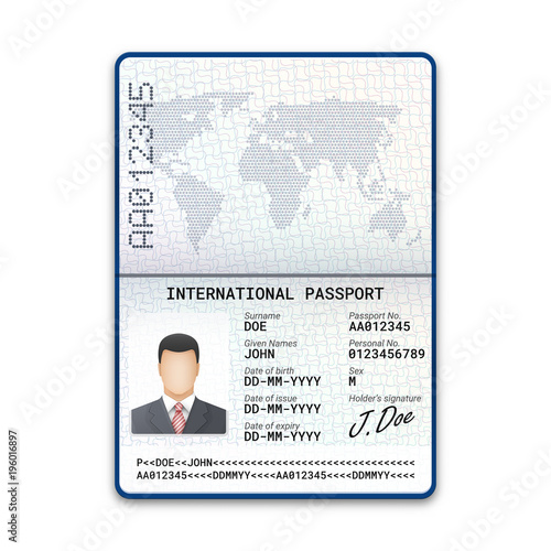International male passport template with sample of photo, signature and other personal data. Vector illustration