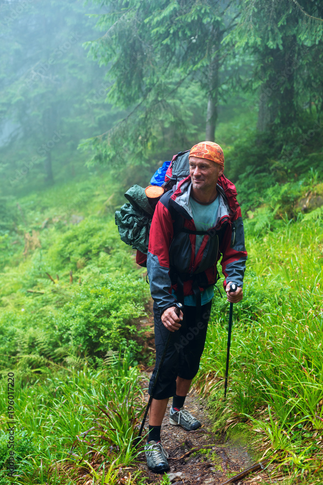 Happy hiker stands in foggy forest Happy hiker stands in foggy forest