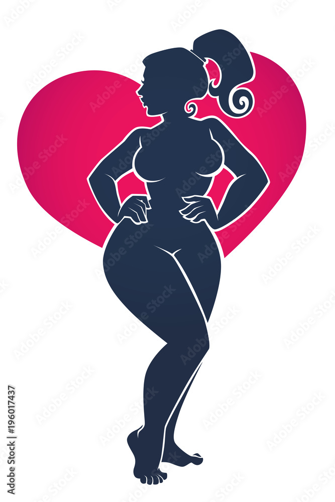 I love my Body, body positive illustration with beautiful woman silhouette  on bright heart shape background Stock Vector