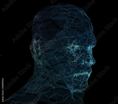 Human head with in 3d space network. Blue abstract futuristic medicine, science and technology background illustration. 3D rendering