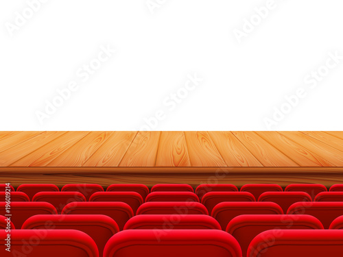 Realistic theater wooden stage or floor with rows of red seats, back view. Empty seats in the cinema hall, cinema, theater, opera, events, shows. Interior element. Vector realistic 3d illustration.