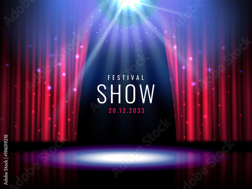 Theater stage with red curtain and spotlight Vector festive template with lights and scene. Poster design for concert, theater, party, dance, event, show. Illumination and scenery decoration. photo