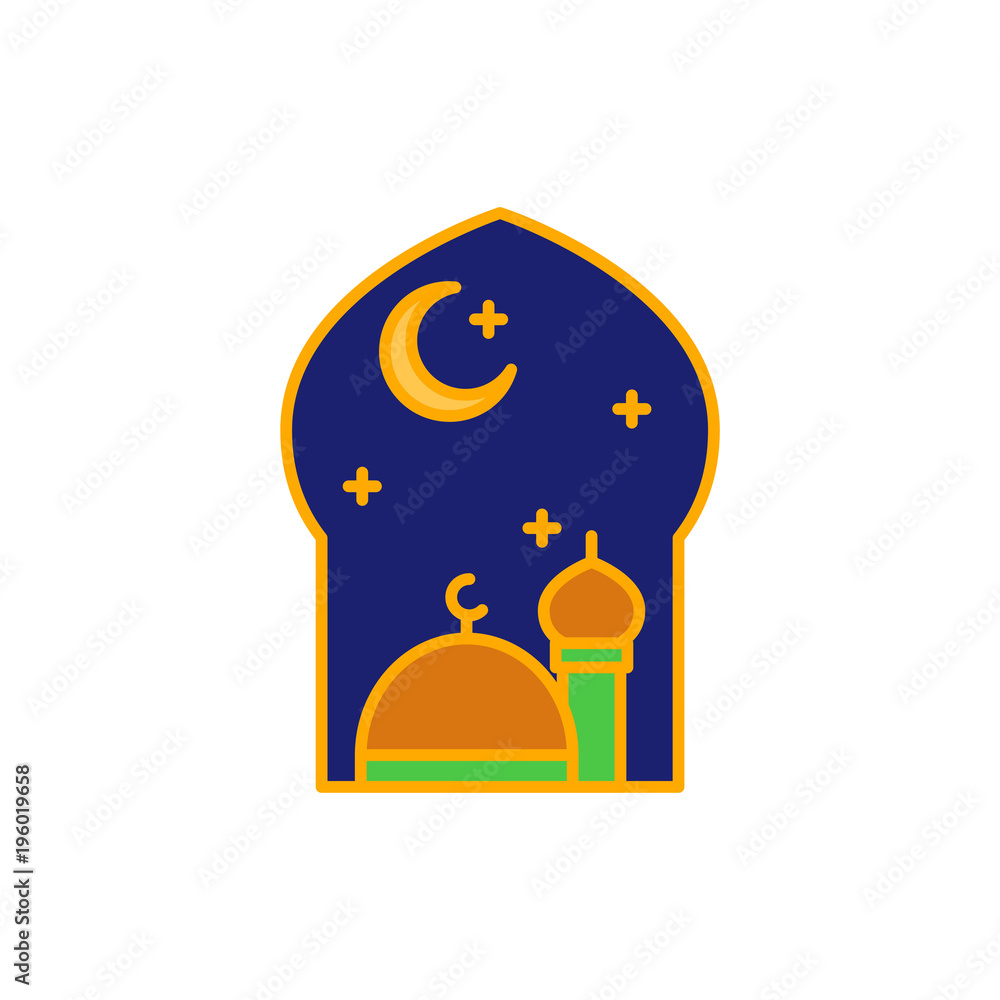 Great mosque at the night time. Simple monoline icon style for muslim ramadan and eid al fitr celebration. Great mosque at the night time. Simple monoline icon style for muslim ramadan and eid al fitr celebration.
