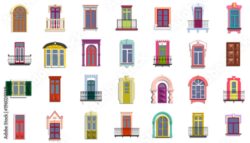 Vector set of flat vintage colorful decorative doors, windows, balconies.