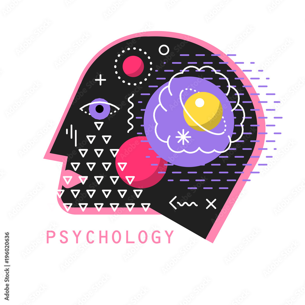 Vector illustration of psychology. Profile of the human head with the cosmos and the planets inside.