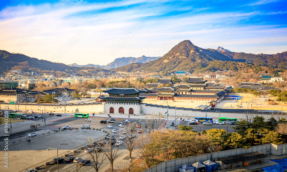 Aerial view of Gyeongbok palace and the Blue House in Seoul city, Korea