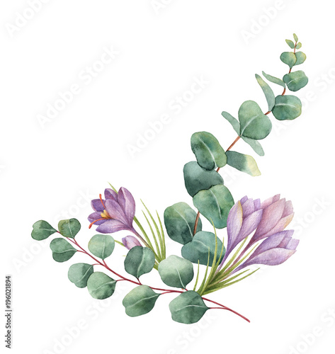 Watercolor wreath with green eucalyptus leaves, purple flowers and branches.
