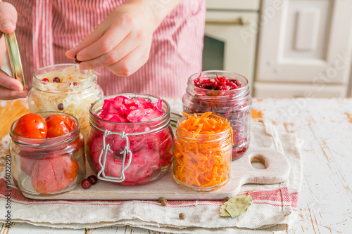 Selection of fermented food - carrot, cabbage, tomatoes, beetroot, copy space