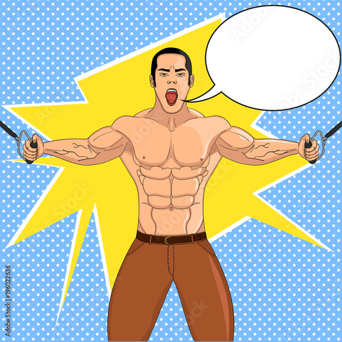 Bodybuilder in the gym. Athlete pulls weight. Pop art vector. The imitation of comic style. Text bubble.