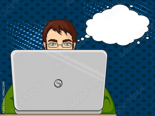 A male programmer works for laptops. IT staff at the computer. Pop art vector. Imitation of the cosiness of style. Text bubble.