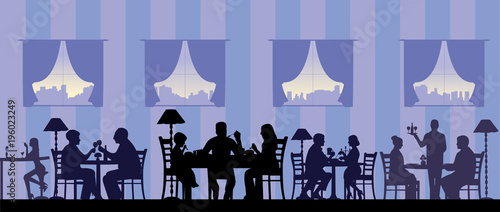 Silhouette of people eating in a restaurant with all figures as separate objects layered, one in the series of similar images