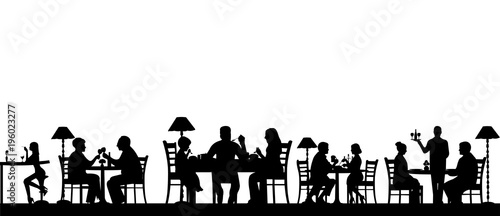 Silhouette of people eating in a restaurant with all figures as separate objects layered, one in the series of similar images