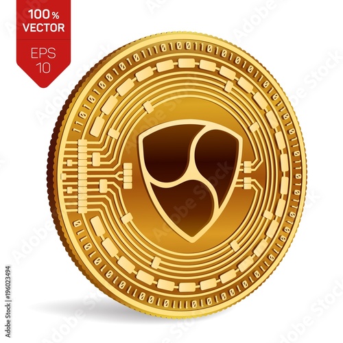 Nem. Crypto currency. 3D isometric Physical coin. Digital currency. Golden coin with Nem symbol isolated on white background. Vector illustration.