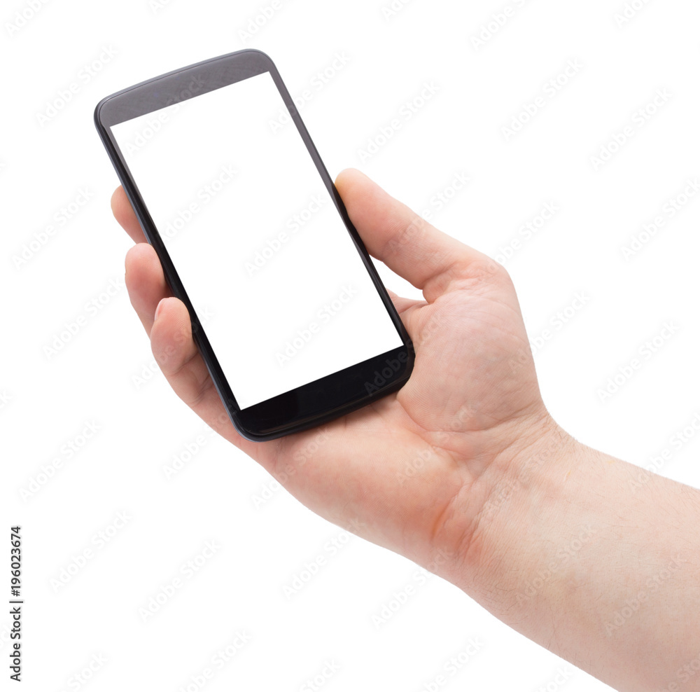 A man hand holding smart phone making photo isolated on white background. A man hand holding smart phone making photo isolated on white background.
