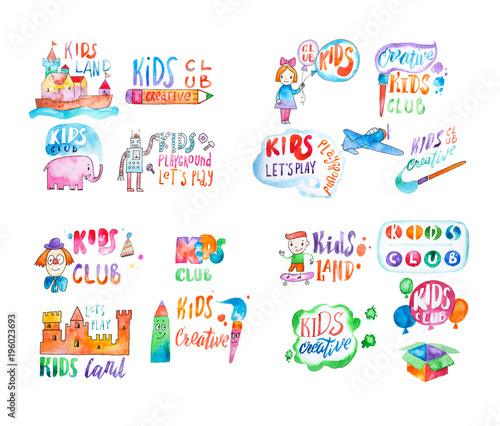 Set of watercolor colorful emblems with calligraphic letterings for kids club