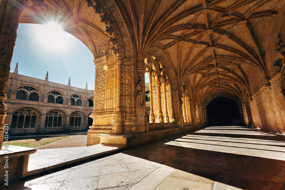 Old medieval Cathedral Architecture. Jeronimos Monastery in Lisbon, Portugal