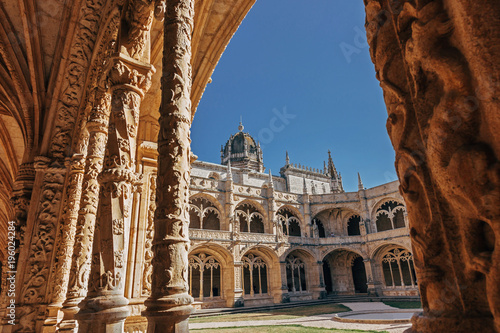 Old medieval Cathedral Architecture. Jeronimos Monastery in Lisbon, Portugal photo
